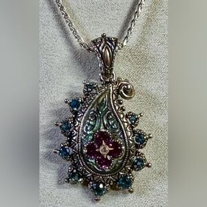 Barbara Bixby 925 Silver 18k Gold Garnet & Topaz Paisley Pendant/Necklace Lot#6